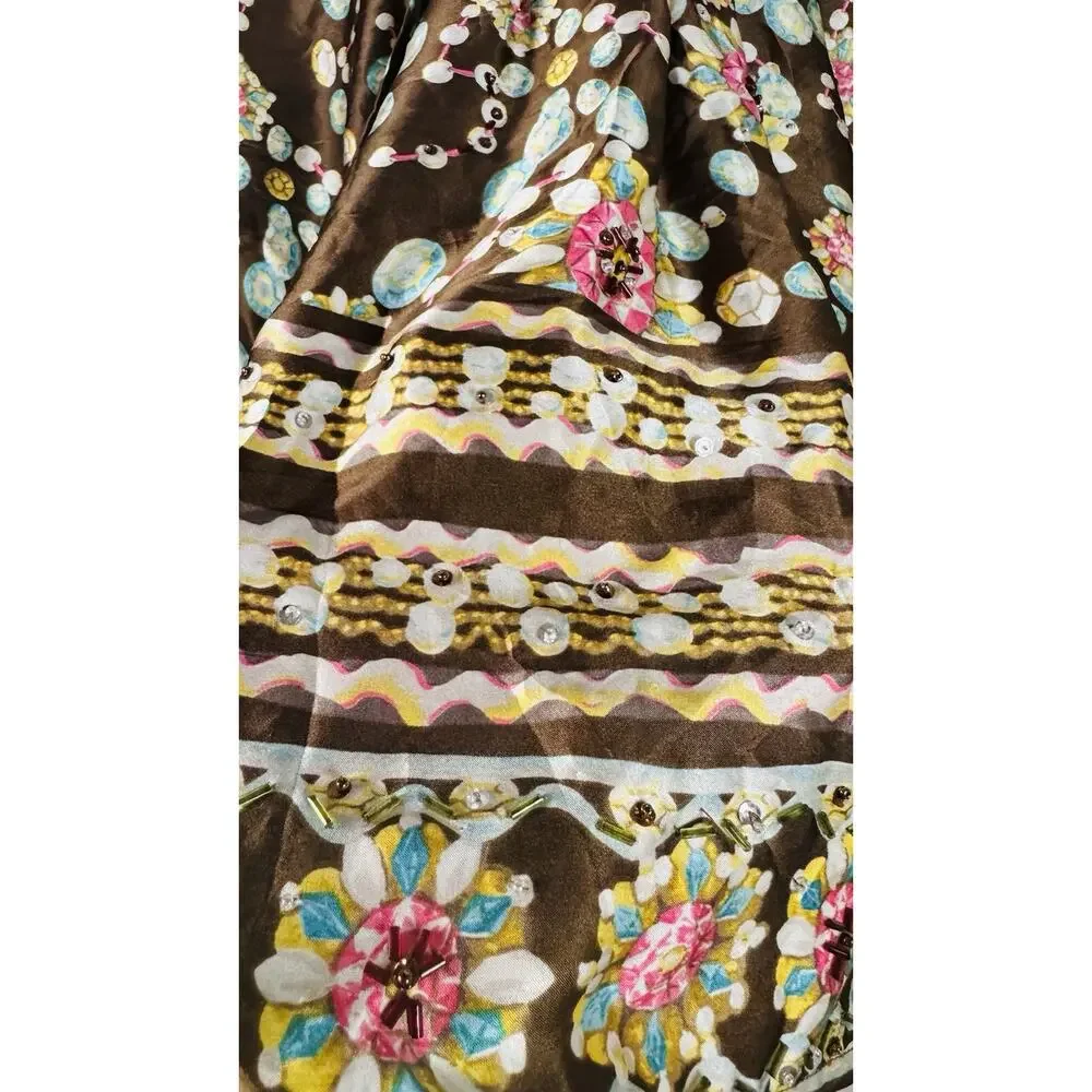 New York City Design Co Brown Gem Print Beaded Sequin Skirt 8 Petite Pleated
